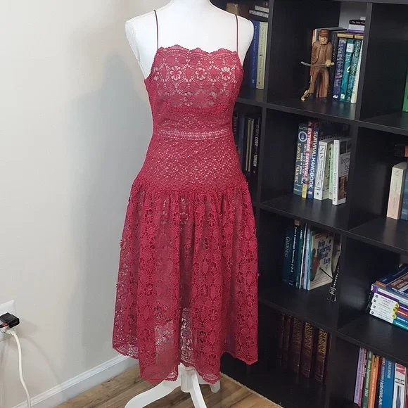 O.P.T. Dresses | O.P.T. One Pretty Time Lizzet Magenta Red Lace Midi Dress | Color: Red | Size: S | Cristinapfeifer's Closet